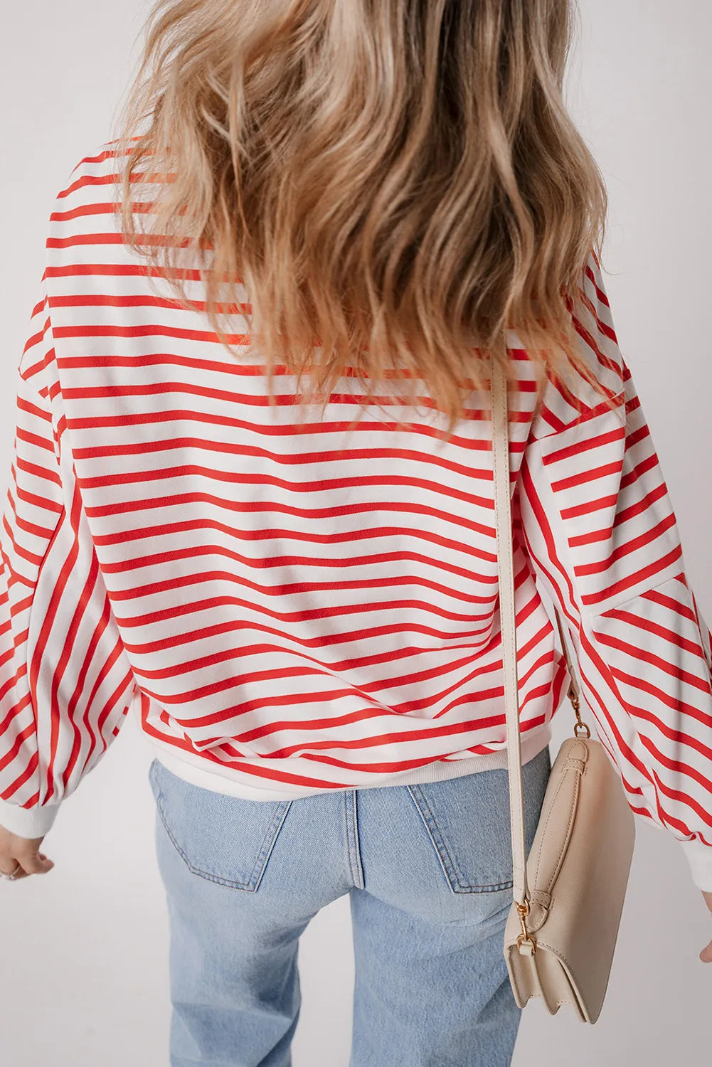 Chevron-inset stripe sweatshirt in Strawberry red and white, crewneck, casual fit.