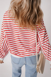Chevron-inset stripe sweatshirt in Strawberry red and white, crewneck, casual fit.