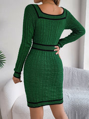 Dark green ribbed knit bodycon dress with black trim and square neckline.