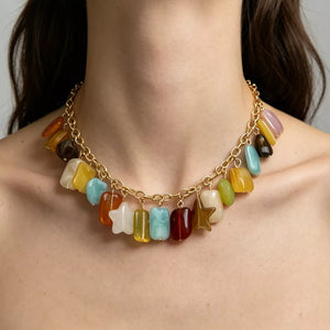 Bohemian Multi-color Gemstone 18k Gold-plated Necklace in Gold, back view