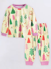 Light Yellow Christmas Tree Print Pajama Set with pink cuffs and neckline