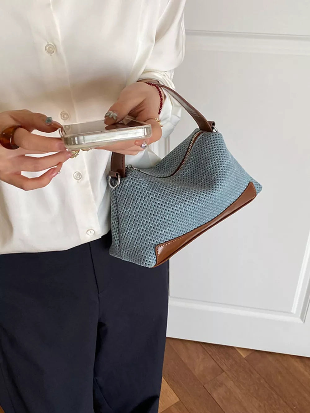 Woven Texture Crossbody Bag in Blue, model styling view