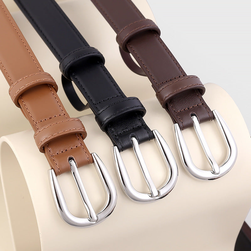 Buckle skinny leather belts in brown, black, and coffee brown with silver buckles.