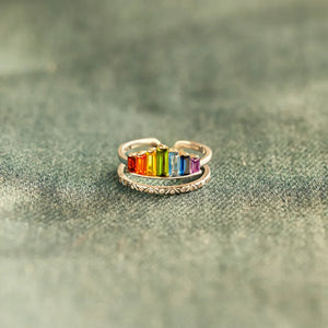 Rainbow prism stacked sterling ring set with colorful baguette gems and textured band