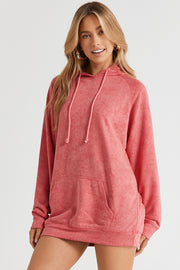 Coral textured raglan sleeve hoodie with drawstring hood and front pocket.