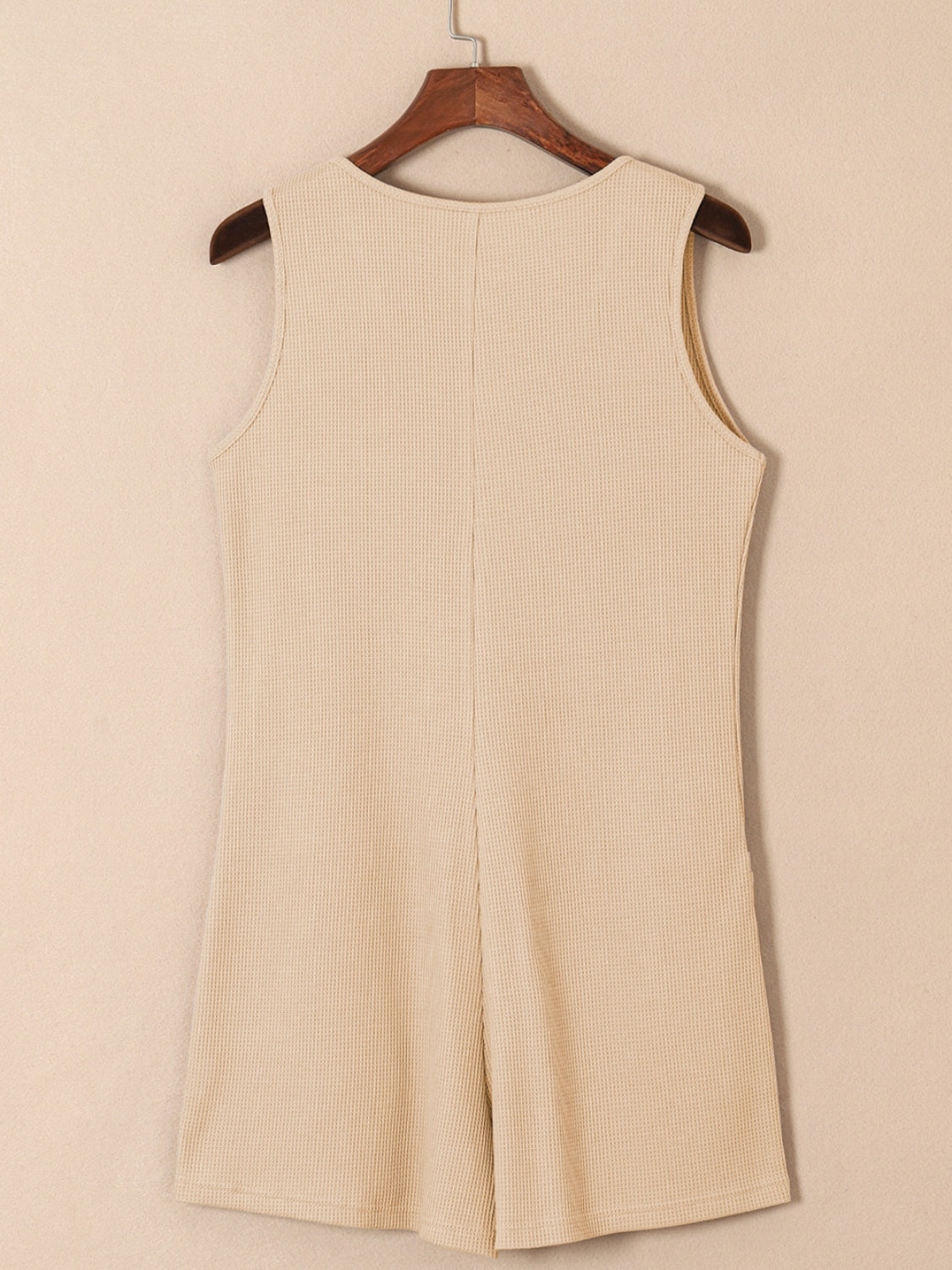 Camel waffle knit button-down romper with pockets, sleeveless, round neck