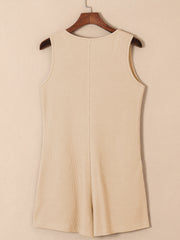 Camel waffle knit button-down romper with pockets, sleeveless, round neck