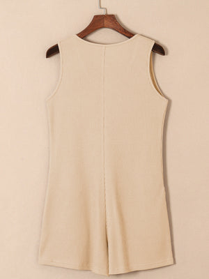 Camel waffle knit button-down romper with pockets, sleeveless, round neck