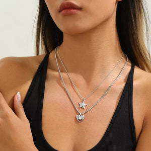 2-piece Star And Heart Pendant Alloy Necklace in Silver, model styling view