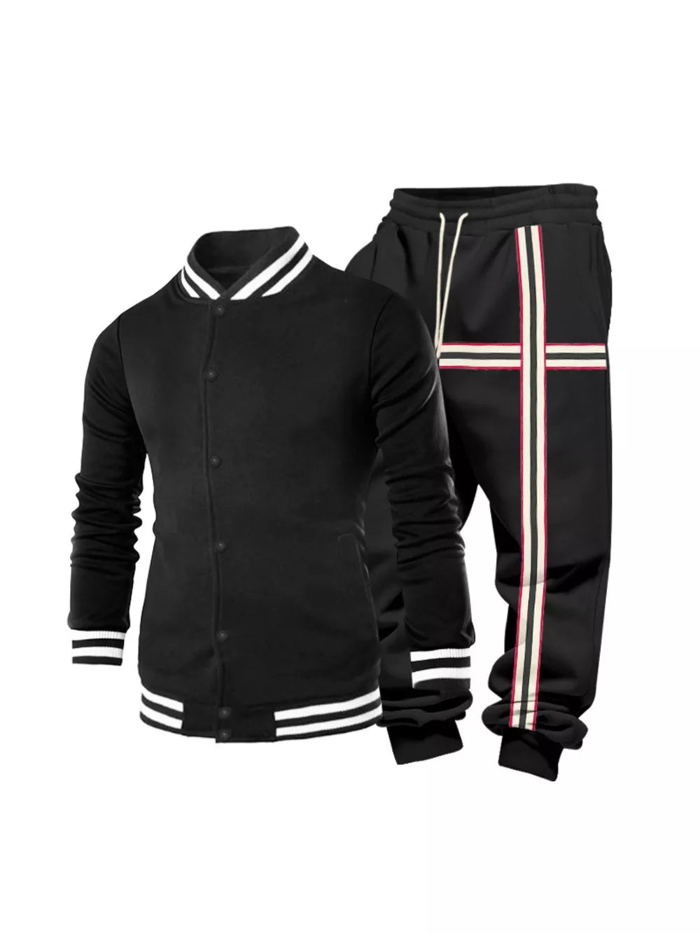 Black two-piece tracksuit set with white striped collar and cuffs, and striped side panels on pants.