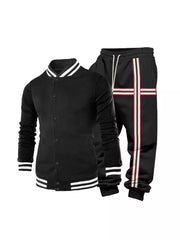Black two-piece tracksuit set with white striped collar and cuffs, and striped side panels on pants.