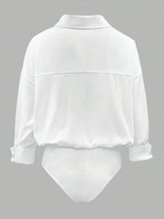 White collared long sleeve bodysuit with button cuffs and a cinched waist detail.