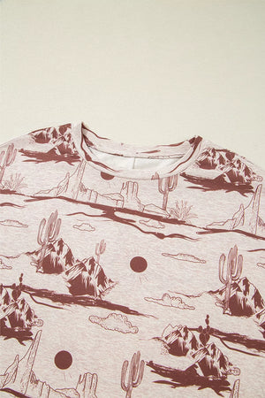 Desert Sand Print Short Sleeve Knit Top in Dust Storm, back view