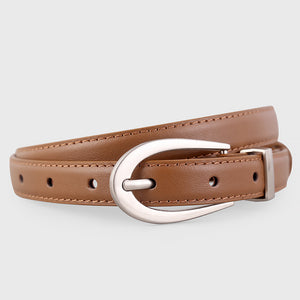 Premium cowhide leather skinny belt in brown with silver buckle and adjustable holes.