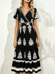 Printed Surplice Short Sleeve Dress in Blue, alternate angle