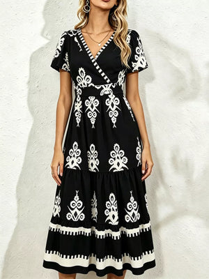 Printed Surplice Short Sleeve Dress in Blue, alternate angle