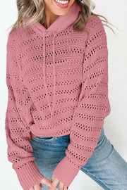 Dusty pink openwork knit hoodie with drawstring and ribbed cuffs.