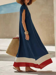 Chic V-neck Maxi Dress With Color-blocked Hem