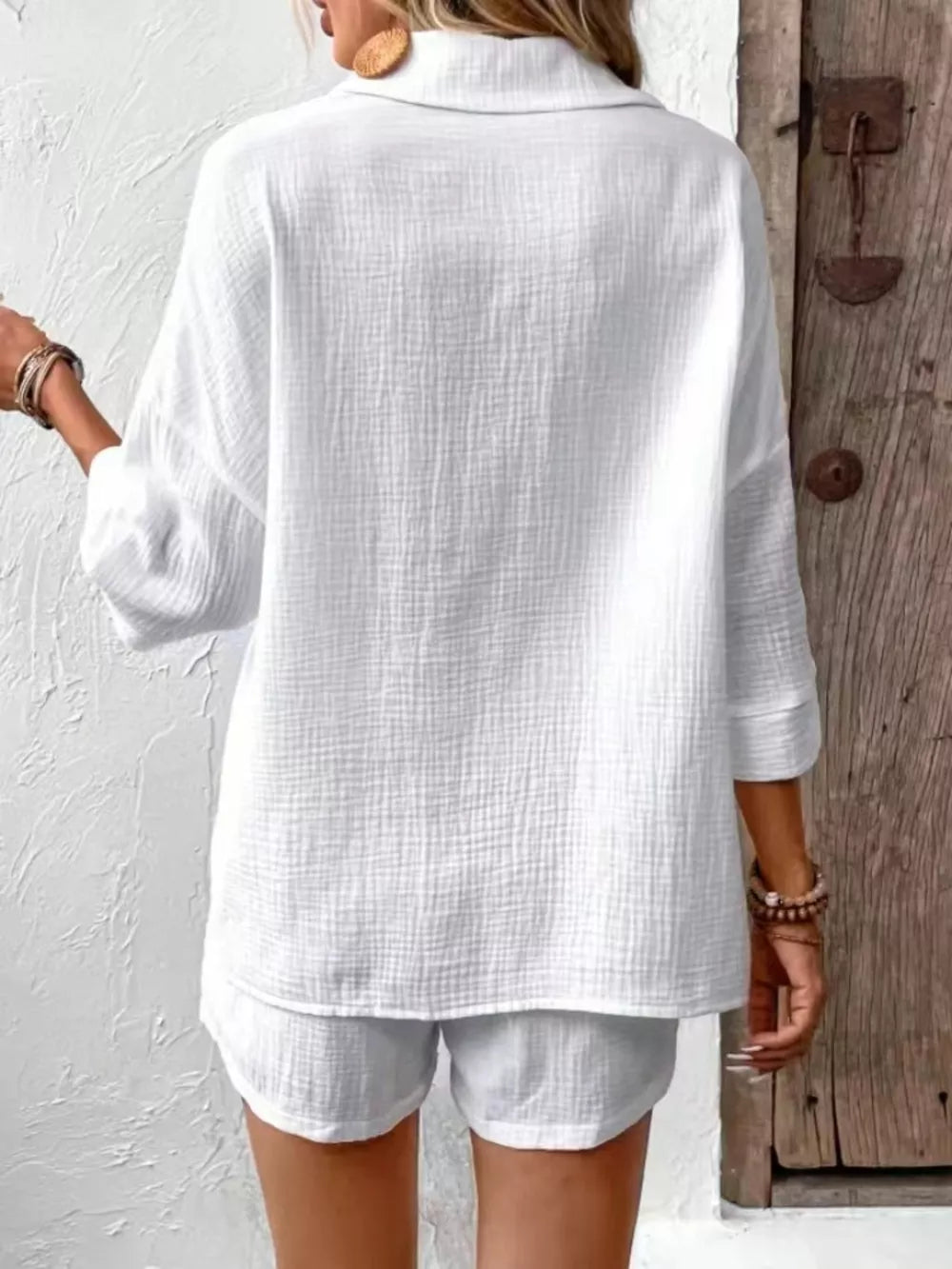 Crisp Cotton Two-piece Set in white, featuring a textured button-up shirt and shorts.
