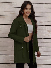 Military green drawstring trench coat with snap-down details and a plaid lining.