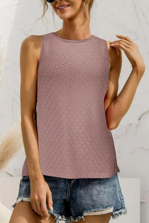 Textured sleeveless scoop neck top in Blush Pink with allover diamond pattern.