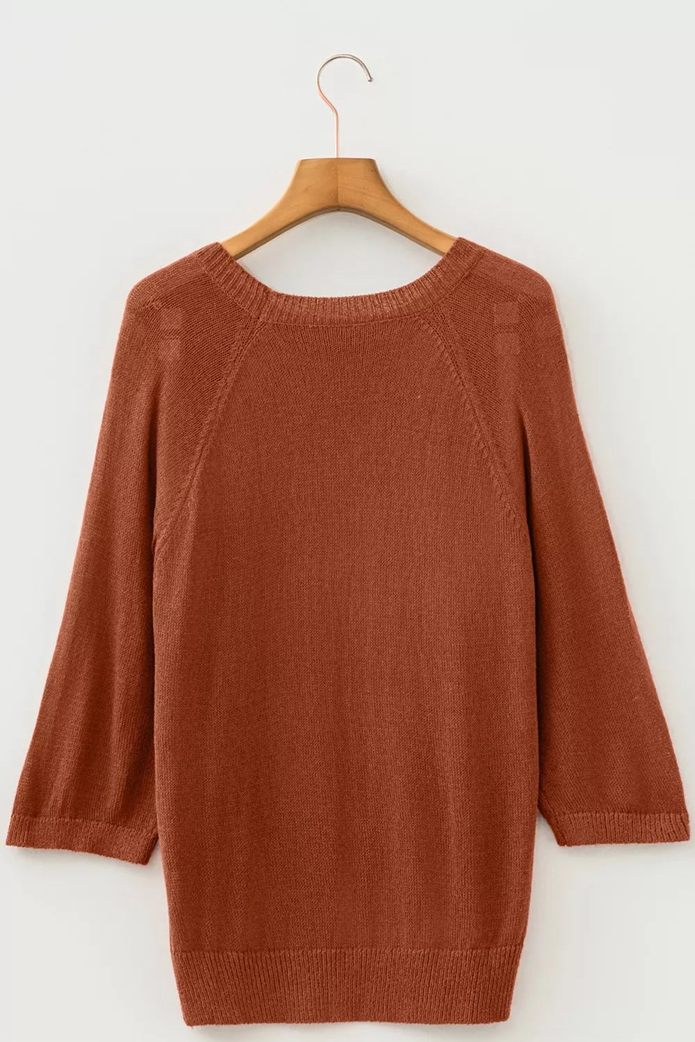 Ribbed Knit Round Neck Short Sleeve Sweater in Brown, fabric detail