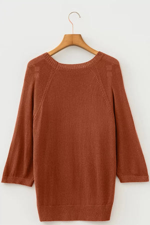 Ribbed Knit Round Neck Short Sleeve Sweater in Brown, fabric detail