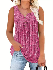 Rose Red floral print henley tank top with button detail and smocked bodice.