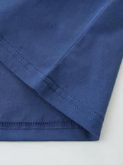Toddler blue 100% cotton t-shirt hem detail with double stitching.
