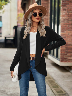 Black asymmetrical drape front cardigan with open front and long sleeves.