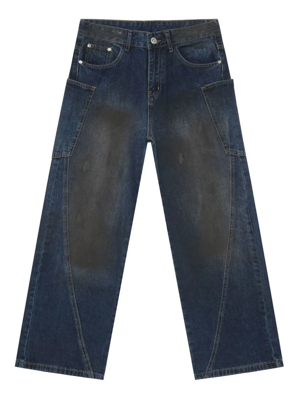 Faded panel wide-leg denim jeans in medium wash with a relaxed fit.