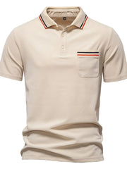 Textured polo shirt in Dust Storm with contrast trim on collar and pocket.