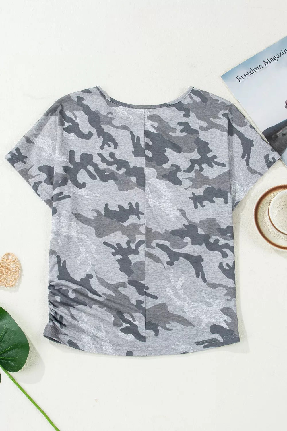 Grey camo print t-shirt with crew neck and ruched side detail