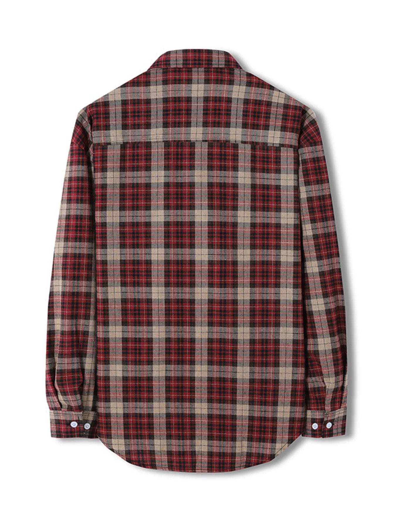Classic red and brown plaid long-sleeve button-up shirt with cotton blend fabric.