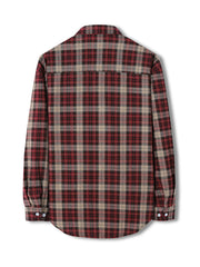 Classic red and brown plaid long-sleeve button-up shirt with cotton blend fabric.