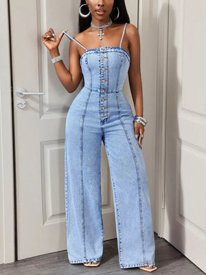 Light wash denim jumpsuit with button-down front and wide legs.