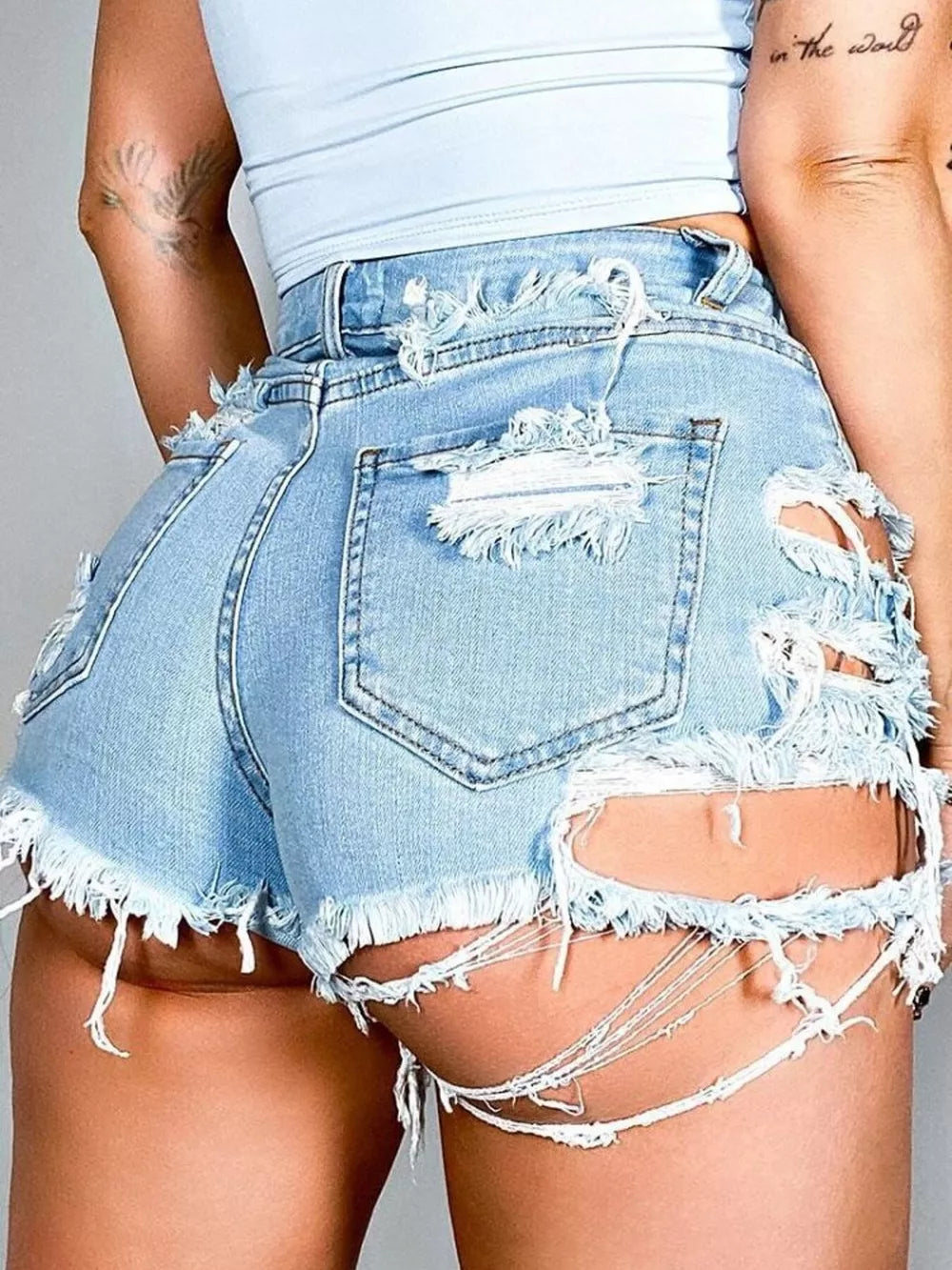 Ripped Detail Stretch Denim Shorts