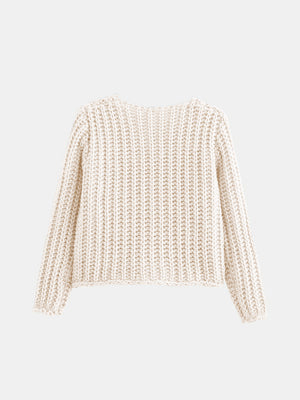 Beige chunky knit cardigan with ribbed texture and long sleeves.