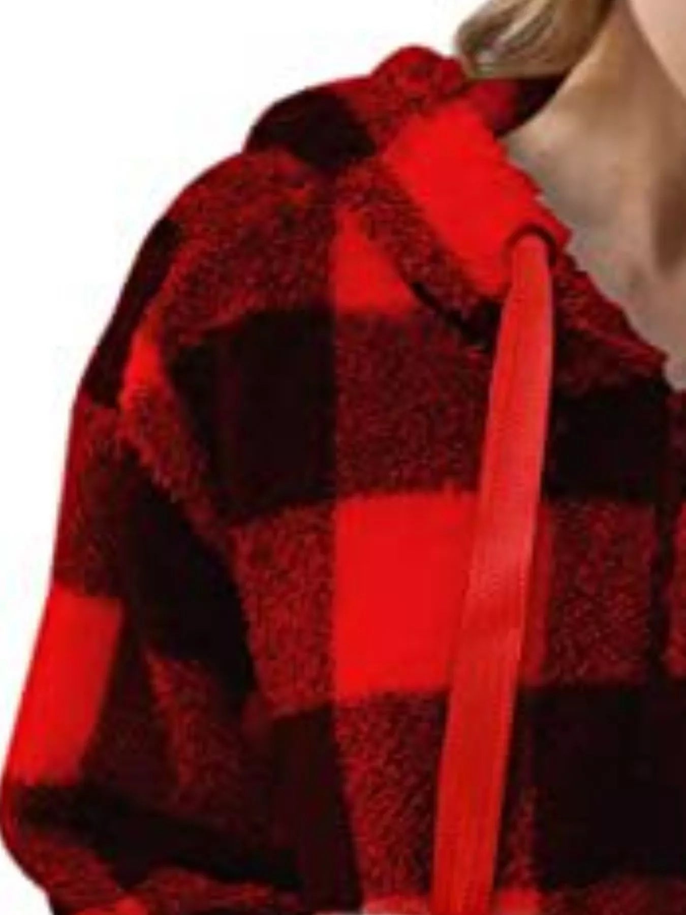 Red and black plaid sherpa drawstring hoodie with fuzzy texture and red drawstrings.