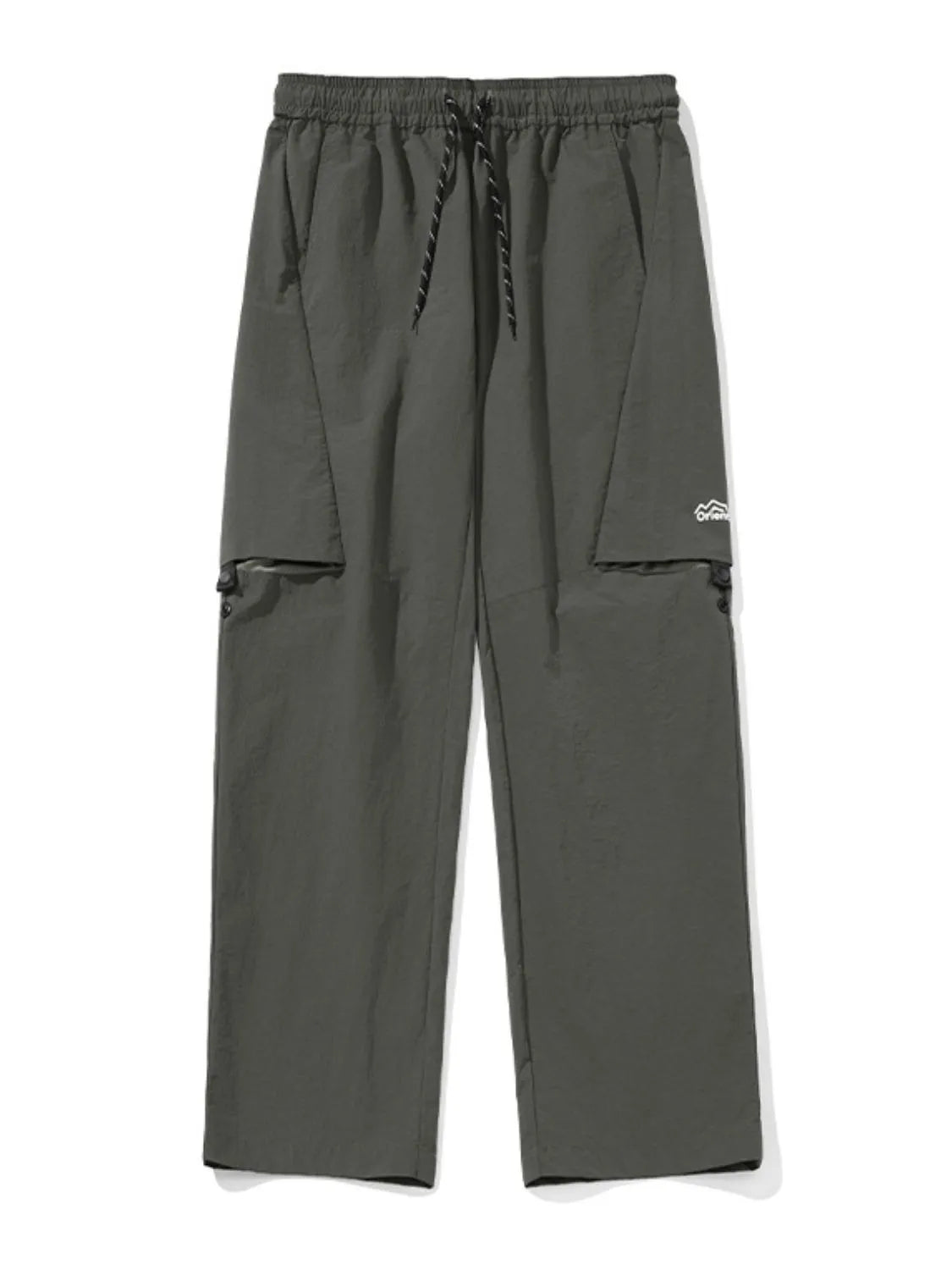 Gray cargo pants with zip-off legs and drawstring waist.