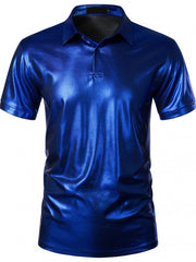Blue collared polo shirt with textured metallic finish and short sleeves