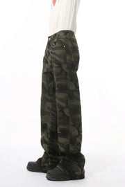 Camo flare jeans in army green with utility pockets and a relaxed fit.