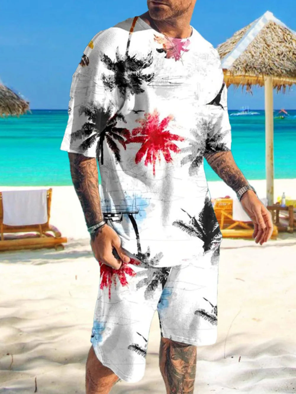 Men's white two-piece set with crew neck tee and shorts featuring a vibrant ombre palm tree print.