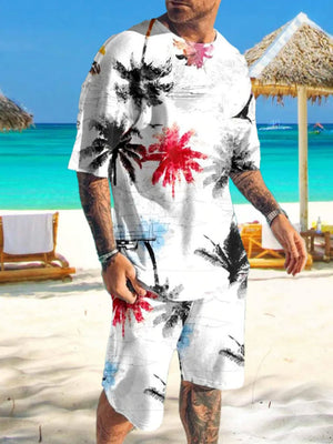 Men's white two-piece set with crew neck tee and shorts featuring a vibrant ombre palm tree print.