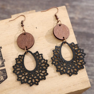 Black floral laser-cut wooden drop earrings with round wood accents