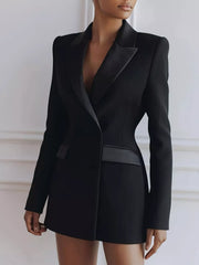 Satin Lapel Double-breasted Blazer in Black, close-up detail