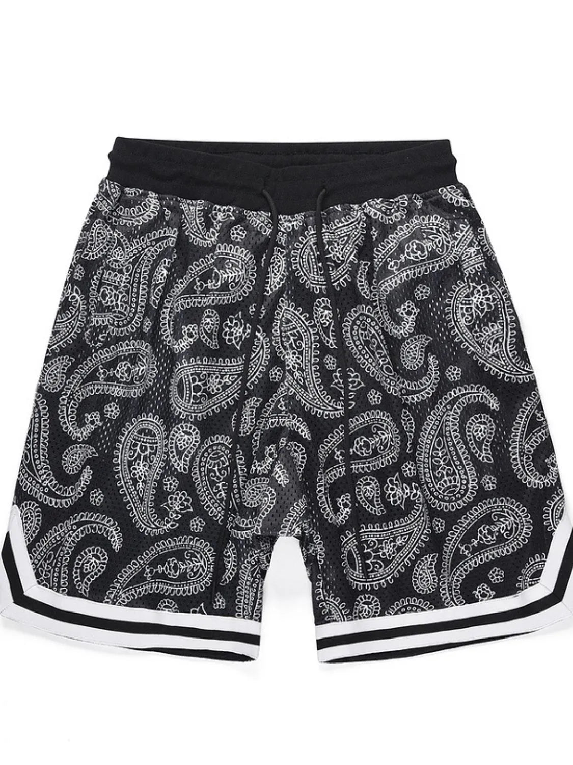 Paisley mesh basketball shorts in black with white trim and drawstring waist.