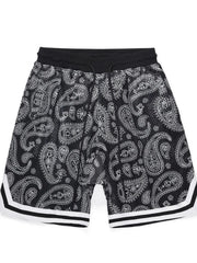 Paisley mesh basketball shorts in black with white trim and drawstring waist.