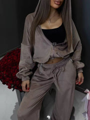 Zip Up Cropped Outerwear And Pants Set, back view