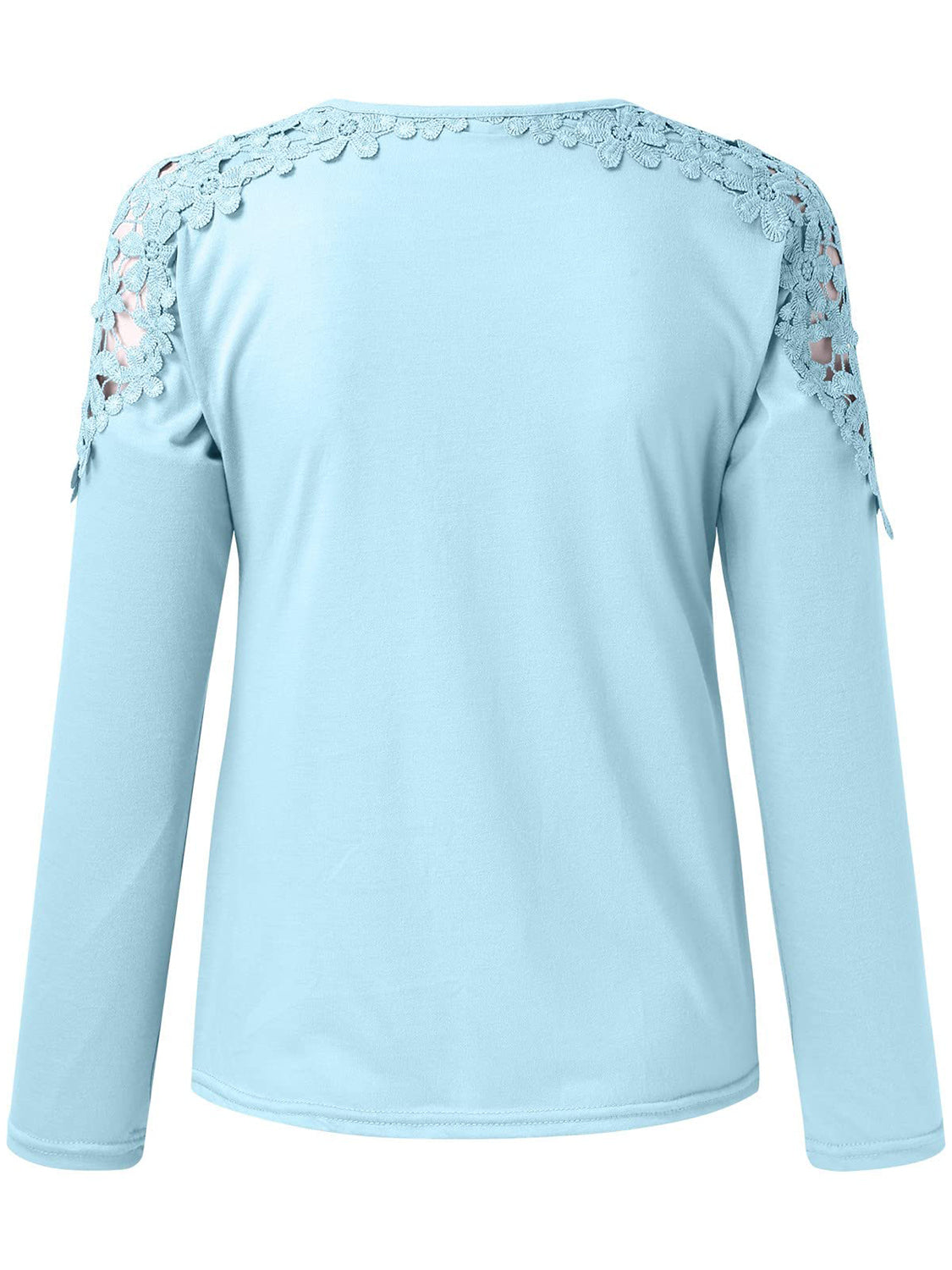 Pastel blue long sleeve top with delicate floral lace yoke and sleeve details